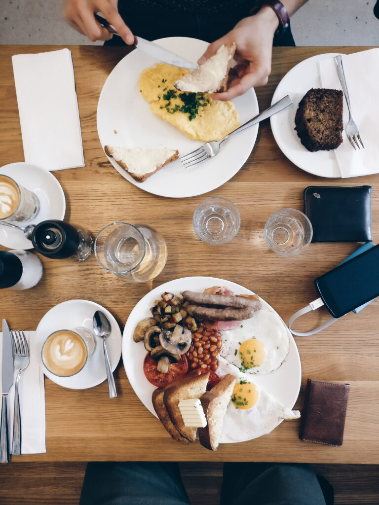 brunch meals on a wooden table